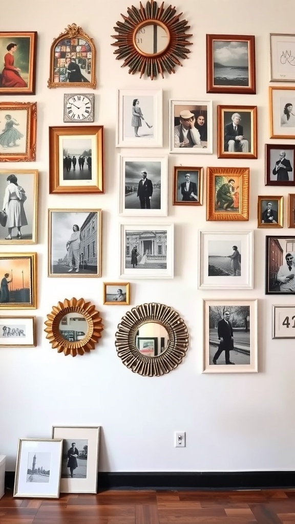An eclectic gallery wall featuring a mix of framed photos and mirrors in various styles and sizes.