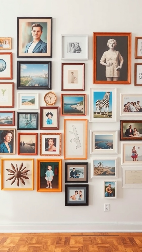 An eclectic gallery wall featuring a variety of framed photos and artwork.