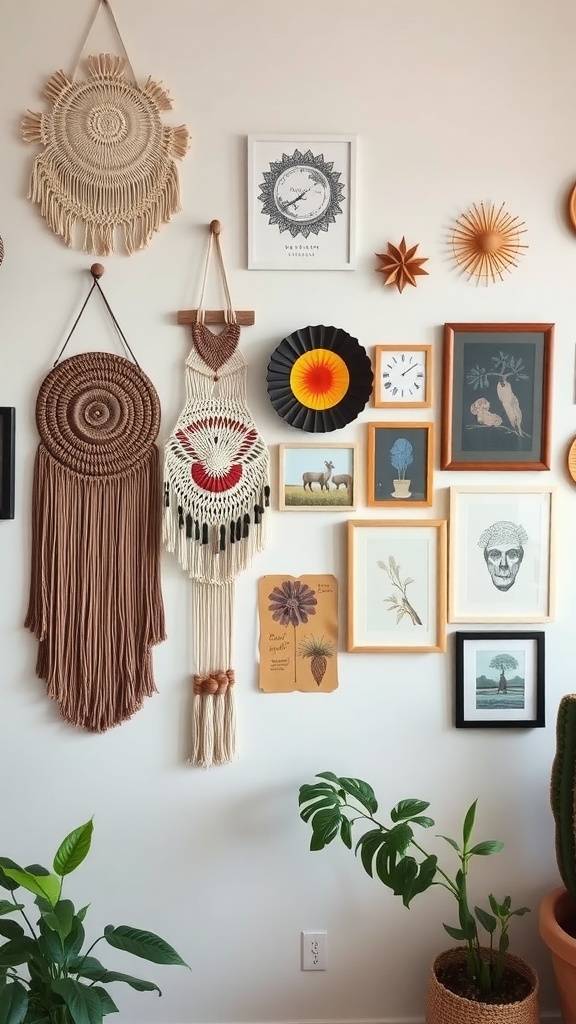 A cozy bohemian bedroom wall featuring a mix of macramé, framed art, plants, and decorative pieces.