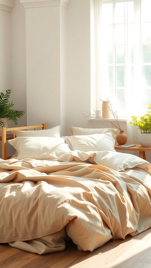 A cozy bedroom with eco-friendly bedding in warm tones, featuring natural fabrics and a serene atmosphere.