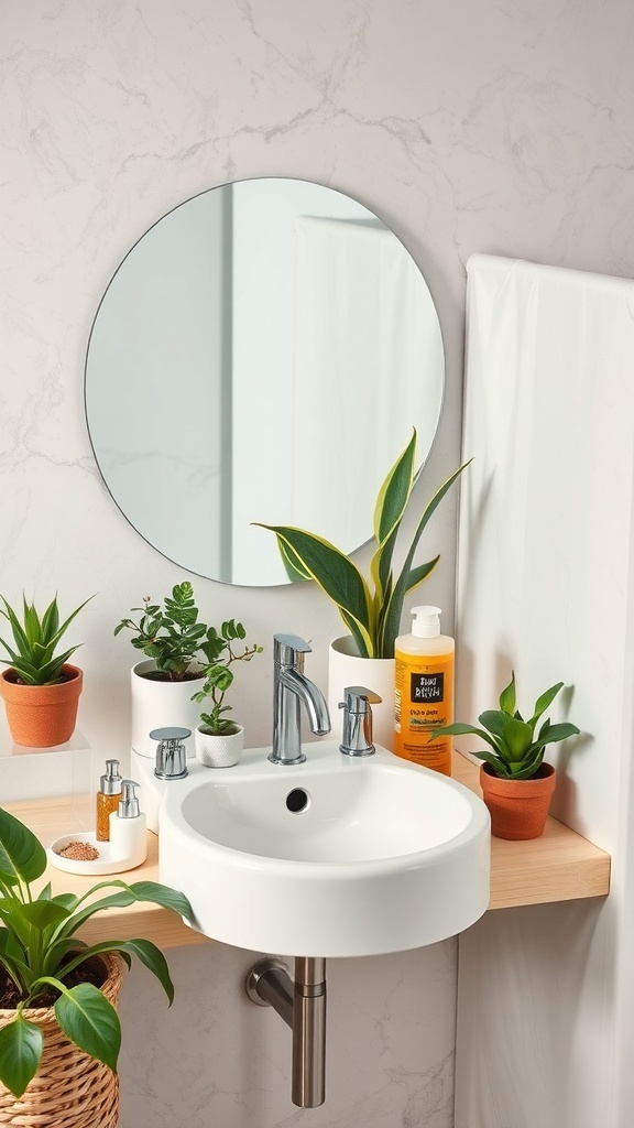 A modern bathroom sink with eco-friendly decor including plants and natural materials.
