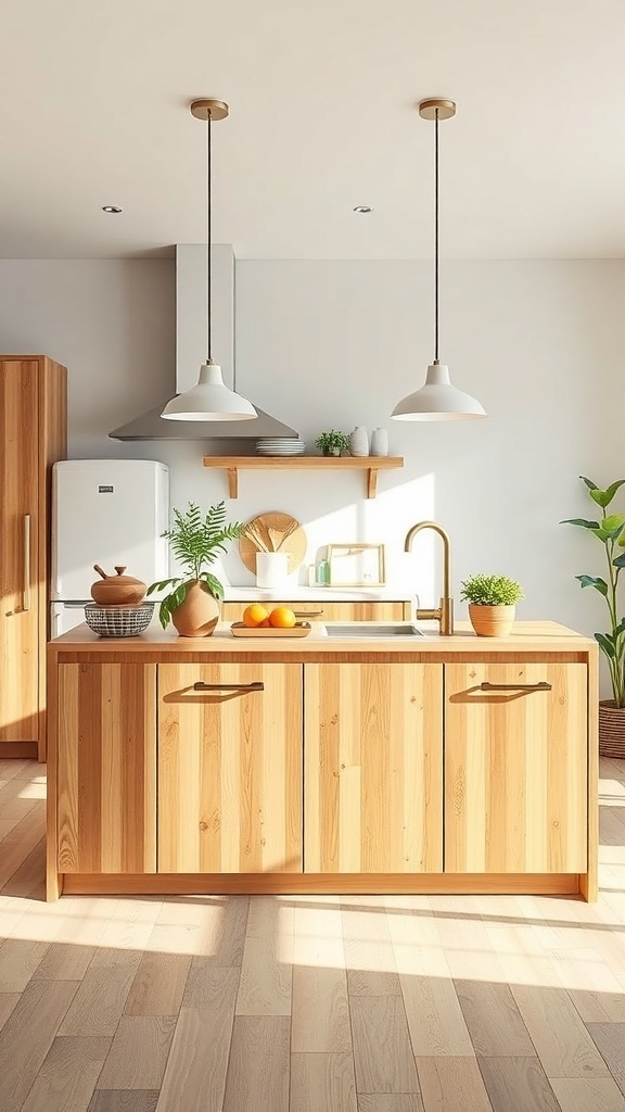 A modern kitchen island made of natural wood with plants and bright lighting.