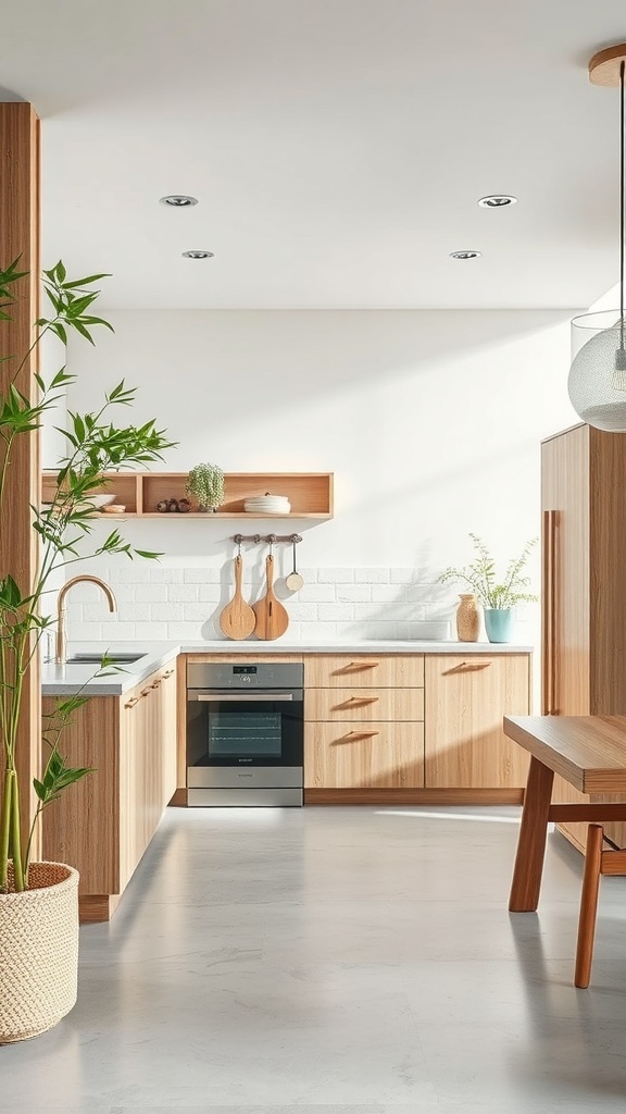 A modern kitchen featuring eco-friendly materials with wooden cabinets, a white countertop, and plants for a natural touch.