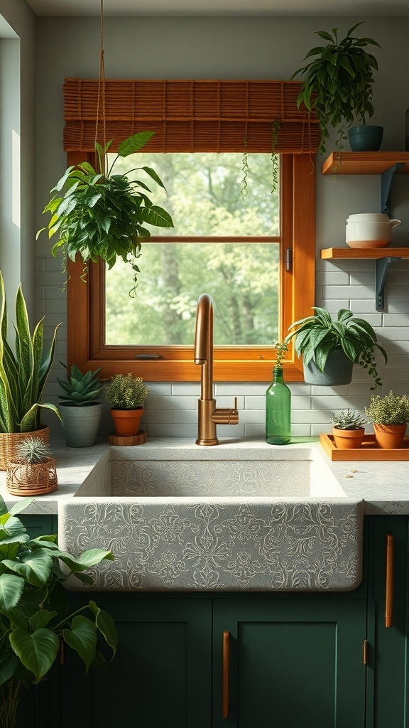 Eco-friendly kitchen sink with plants and natural light