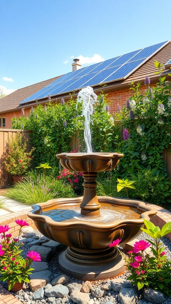 A solar-powered fountain in a garden with colorful flowers and solar panels on the roof.