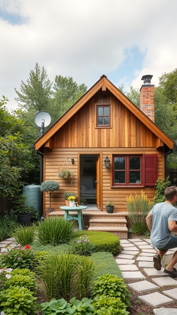 A cozy wooden summer house surrounded by a lush garden with a stone pathway.