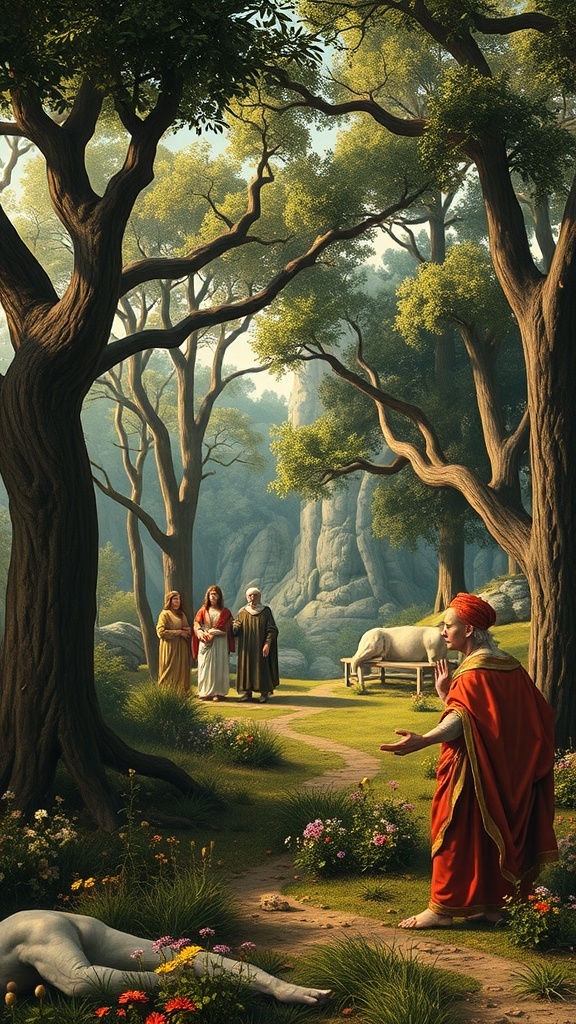 A serene depiction of the Garden of Eden with lush trees, figures in conversation, and a peaceful atmosphere.