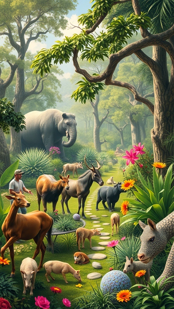 A vibrant garden scene with various animals including an elephant, deer, and smaller creatures, surrounded by colorful flowers and lush greenery.