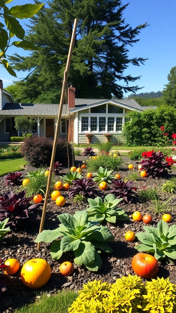 A vibrant home garden featuring pumpkins and lush green plants, showcasing edible landscaping.