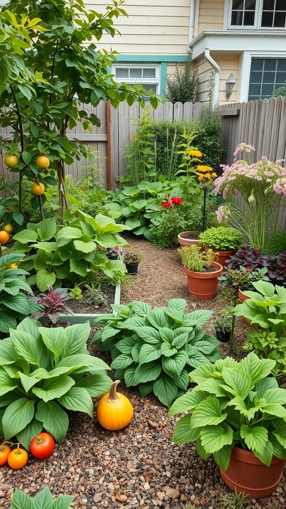A backyard garden featuring a variety of plants, including tomatoes, a pumpkin, and a citrus tree, showcasing an edible landscape.
