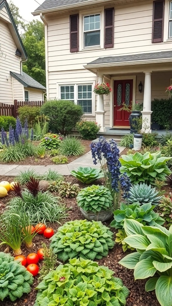 A beautiful front yard featuring a mix of vegetables and ornamental plants, showcasing a vibrant edible landscape.