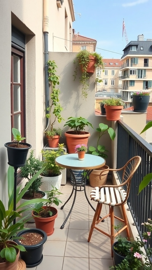 A small balcony with plants and a table, showcasing efficient use of outdoor space.