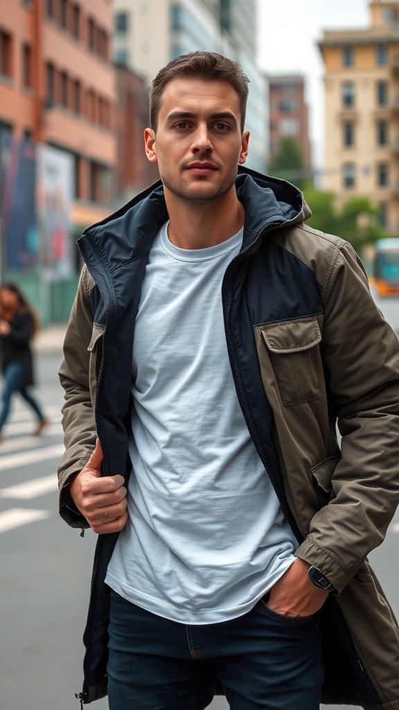 A man wearing a lightweight jacket over a t-shirt, standing in an urban setting.