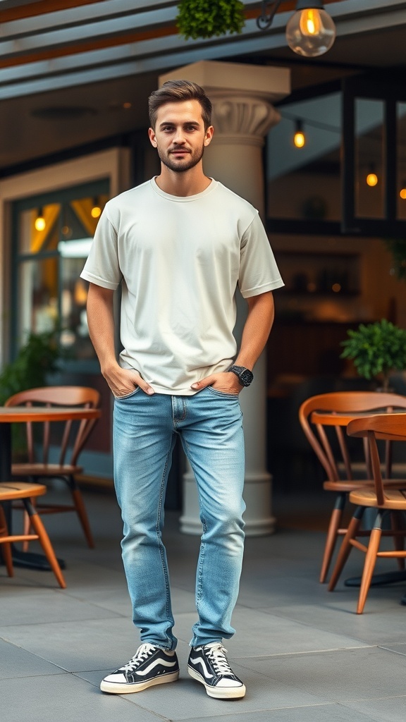 A young man in a light t-shirt and jeans, standing casually outside a cafe.
