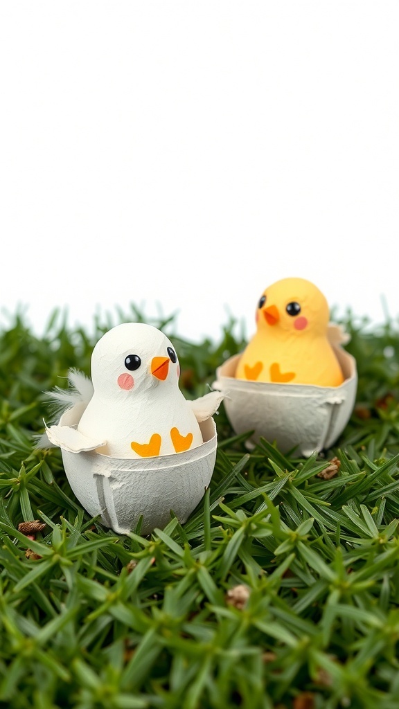 Two chick figures made from egg cartons, one yellow and one white, sitting on grass.
