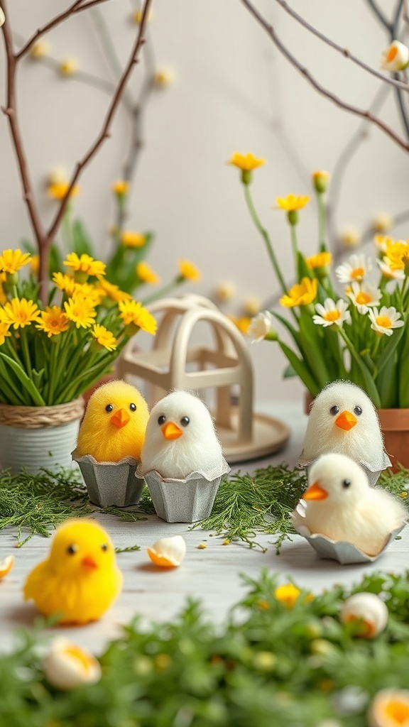 Colorful chick crafts made from egg cartons, surrounded by flowers.