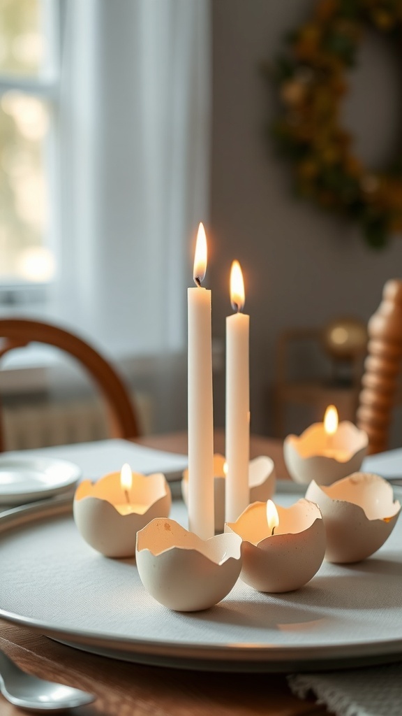 A table setting featuring eggshell candles and white candles, creating a cozy Easter decor.