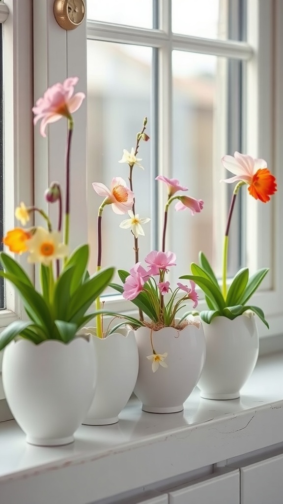 Four white eggshell-shaped planters with colorful spring flowers on a windowsill.