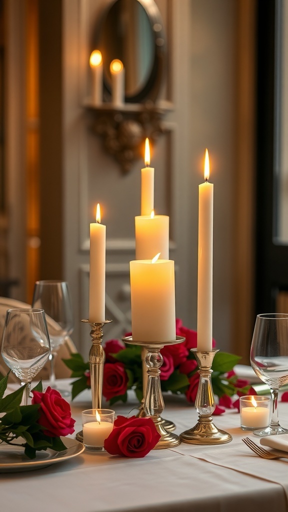 Elegant table setting with tall white candles and red roses