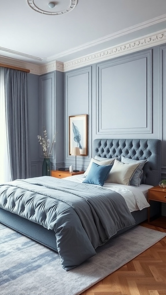 A classy bedroom featuring soft blue walls, a plush bed with blue bedding, and stylish wooden furniture.