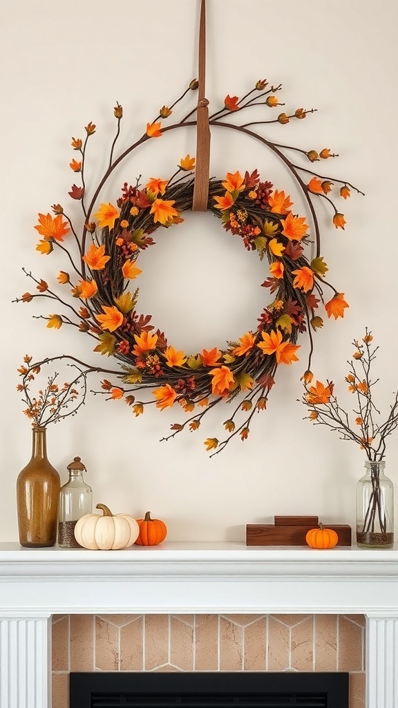 A fall wreath made of colorful leaves hanging above a mantel with pumpkins and vases.