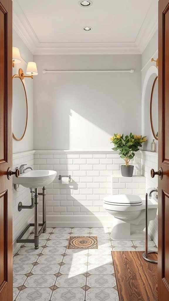 A stylish powder room featuring a mix of patterned and solid tiles, a modern sink, and a touch of greenery.