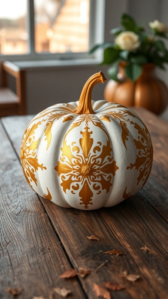 A beautifully painted white pumpkin with gold designs on a wooden table.