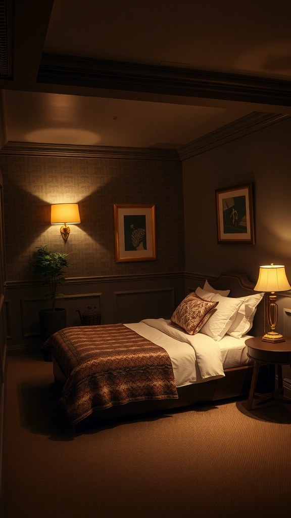 Cozy guest suite with warm lighting, stylish decor, and a comfortable bed.