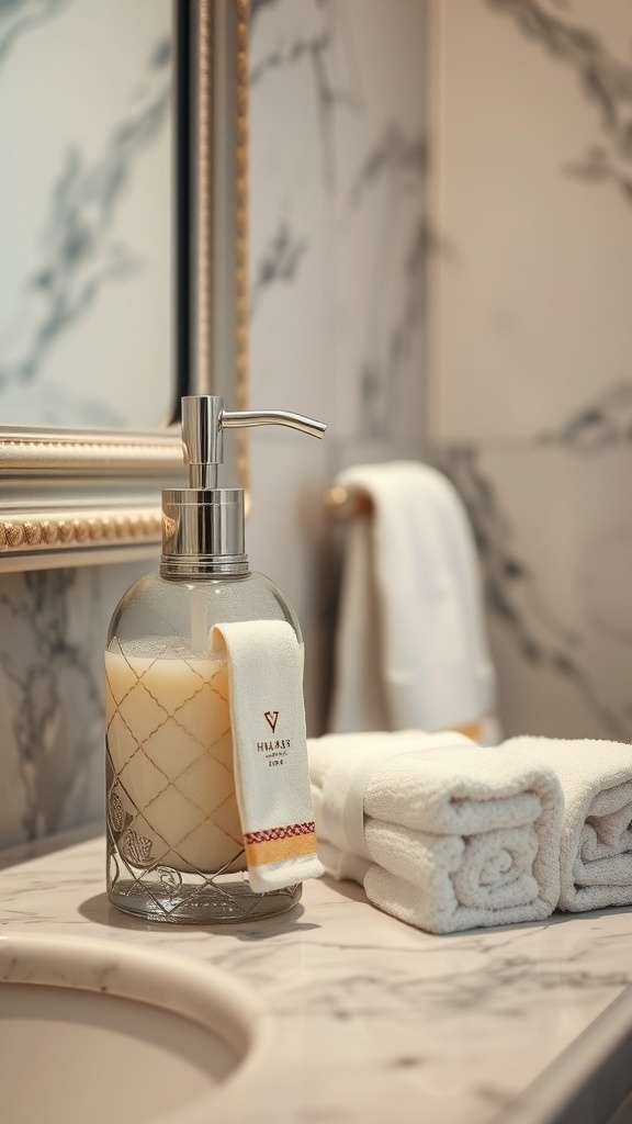 A stylish soap dispenser next to neatly rolled towels on a bathroom counter.