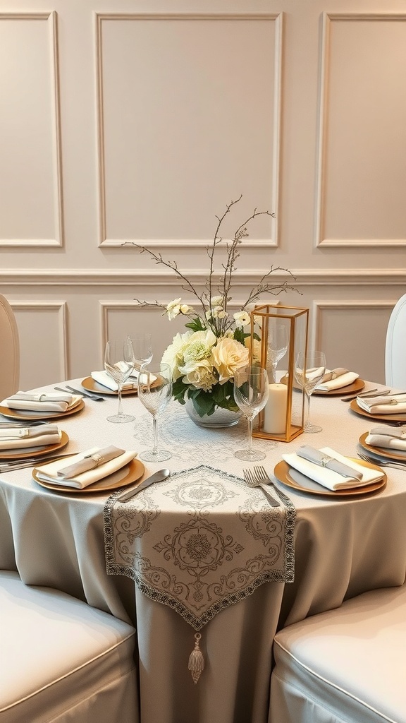 Round table set with an elegant table runner, flowers, and candles.