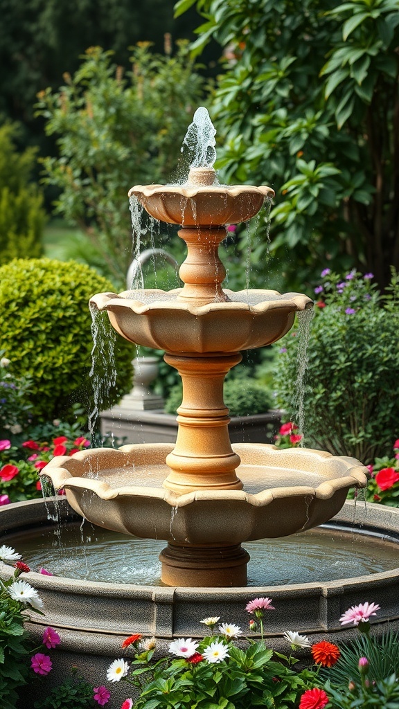 A tiered water fountain surrounded by colorful flowers in a garden.