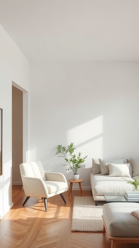 A minimalist living room with a light-colored armchair, a cozy sofa, and a potted plant, showcasing a serene and functional decor style.