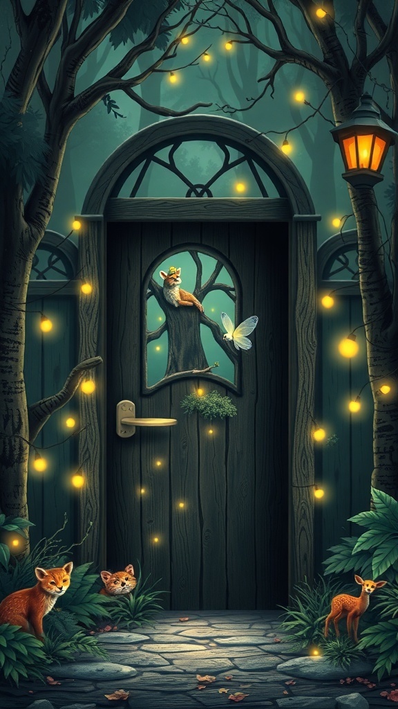 An enchanted forest-themed door with a wooden frame, glowing lights, and forest animals.