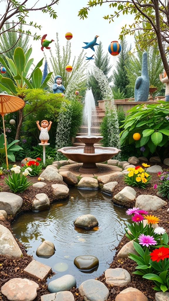 A whimsical garden featuring a fountain surrounded by colorful flowers and playful decorations.