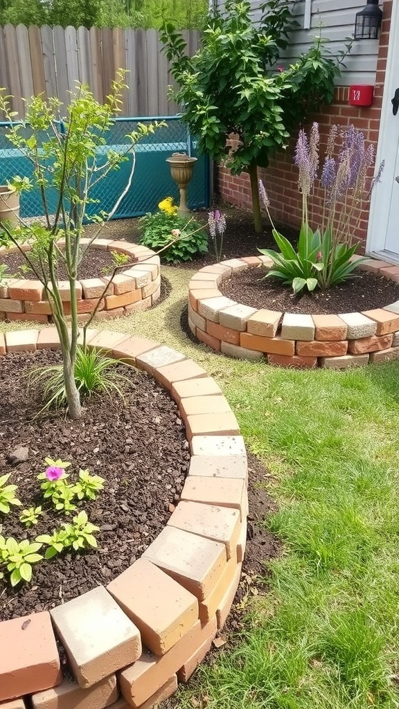 Raised garden beds with brick edging and various plants