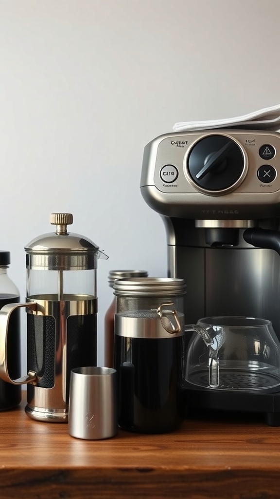 Variedad de equipamiento para preparar café en casa, incluyendo una prensa francesa, una máquina de café y frascos.