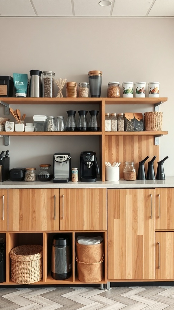 Una barra de café en casa con estantes de madera organizados, mostrando frascos, utensilios y una cafetera.