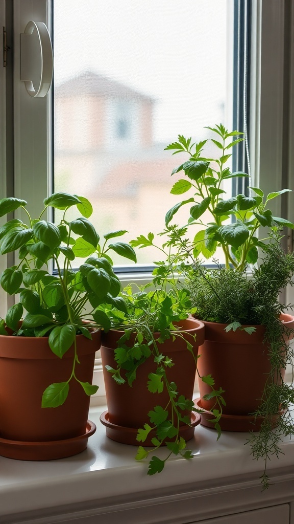 A collection of herb pots on a windowsill, featuring basil, cilantro, and dill.