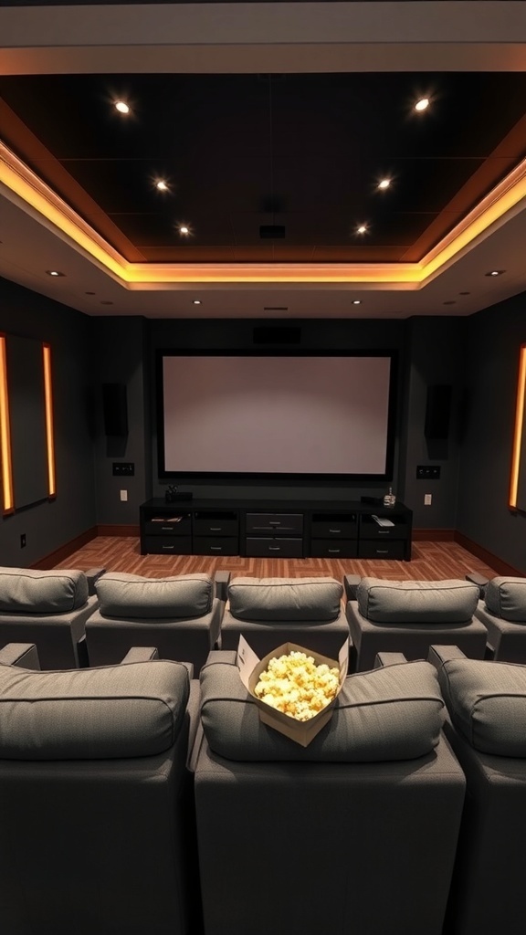 Cozy home theater setup with comfortable seating and popcorn