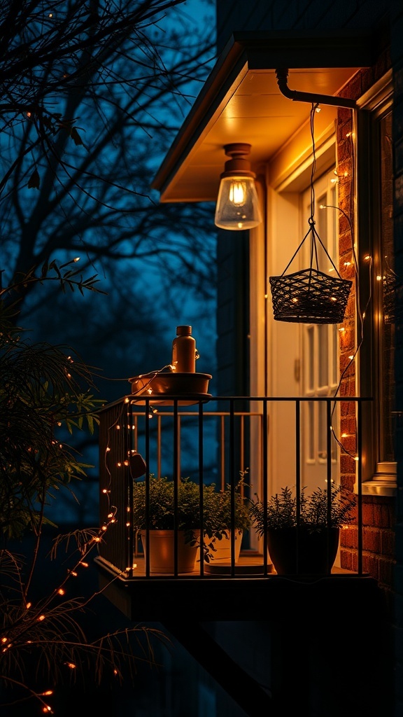 A small balcony illuminated with fairy lights and a warm lamp, featuring potted plants and a cozy atmosphere.