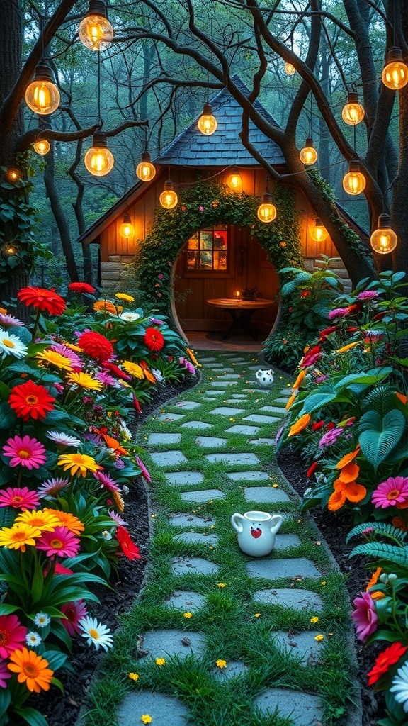 A whimsical garden pathway lined with colorful flowers and warm lights leading to a cozy wooden house.