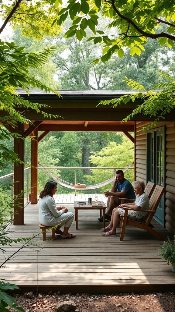Family members enjoying time together on a cabin deck surrounded by nature.