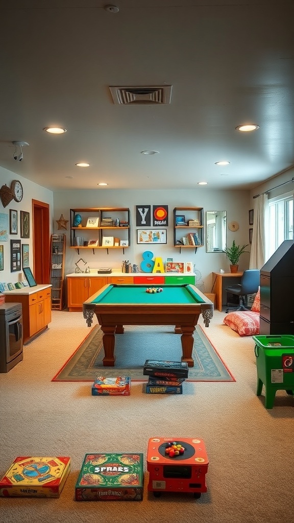 A family game room featuring a green pool table, board games, and colorful decor.