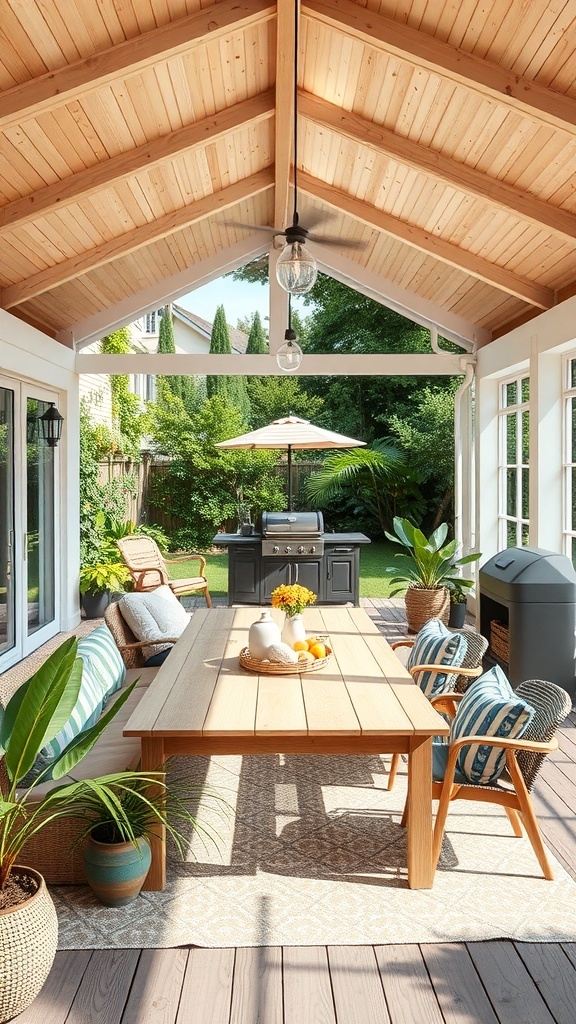 A cozy summer house with a wooden ceiling, a large table, and comfortable seating, perfect for family gatherings.