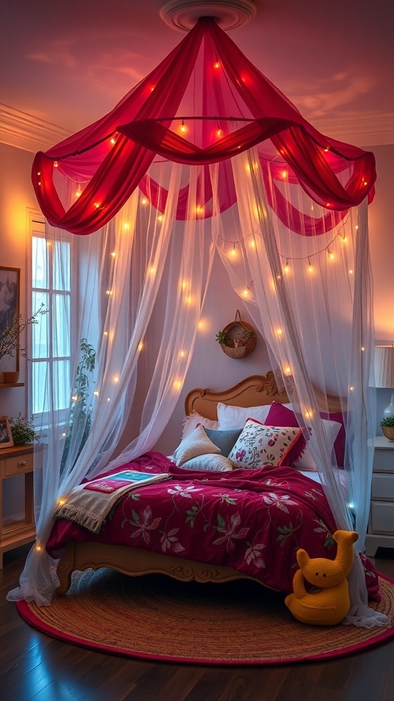 A whimsical bedroom featuring a cozy canopy bed with soft drapes and fairy lights.