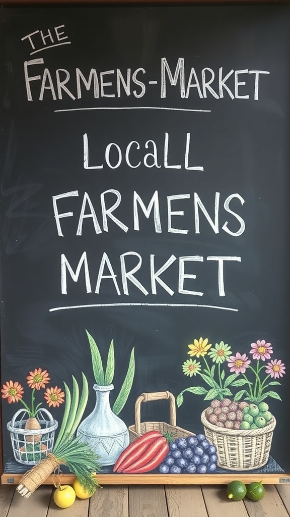 Chalkboard announcing a local farmers market with colorful drawings of fruits and vegetables.
