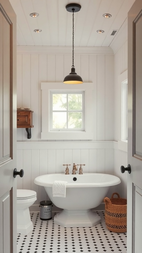 A farmhouse bathroom with a pendant light and recessed lighting, featuring a freestanding tub and black and white tile floor.