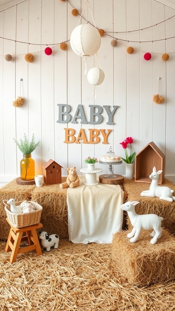 A charming farmyard-themed baby shower setup with hay bales, animal figurines, and colorful decorations.