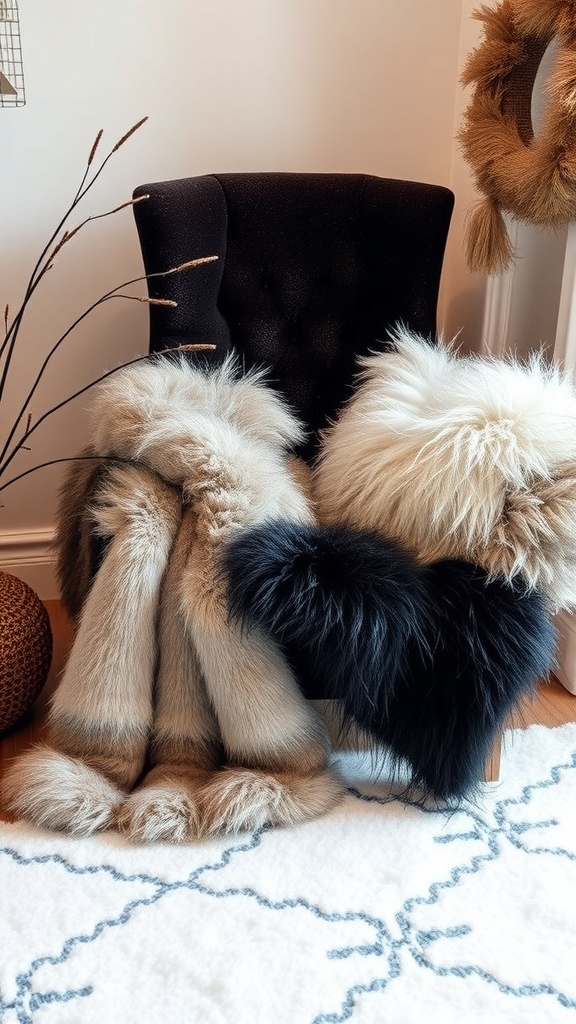 Faux fur pillows on a chair with a cozy winter decor setting.