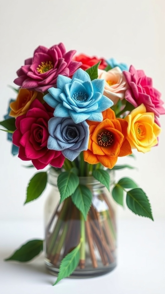 A colorful bouquet of felt flowers in a glass jar.